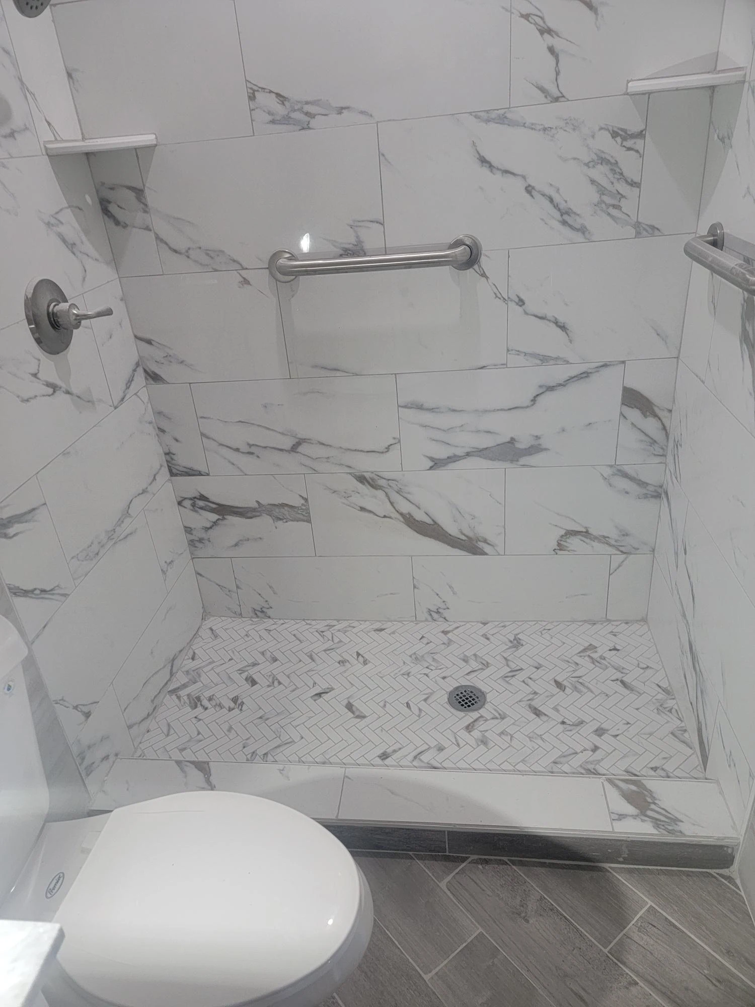 Luxury marble tile installation in bathroom